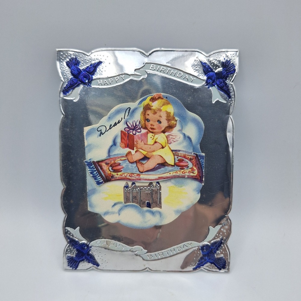 Vintage Angel Cherub Flying Magic Carpet Happy Birthday Silver Card Holder Frame